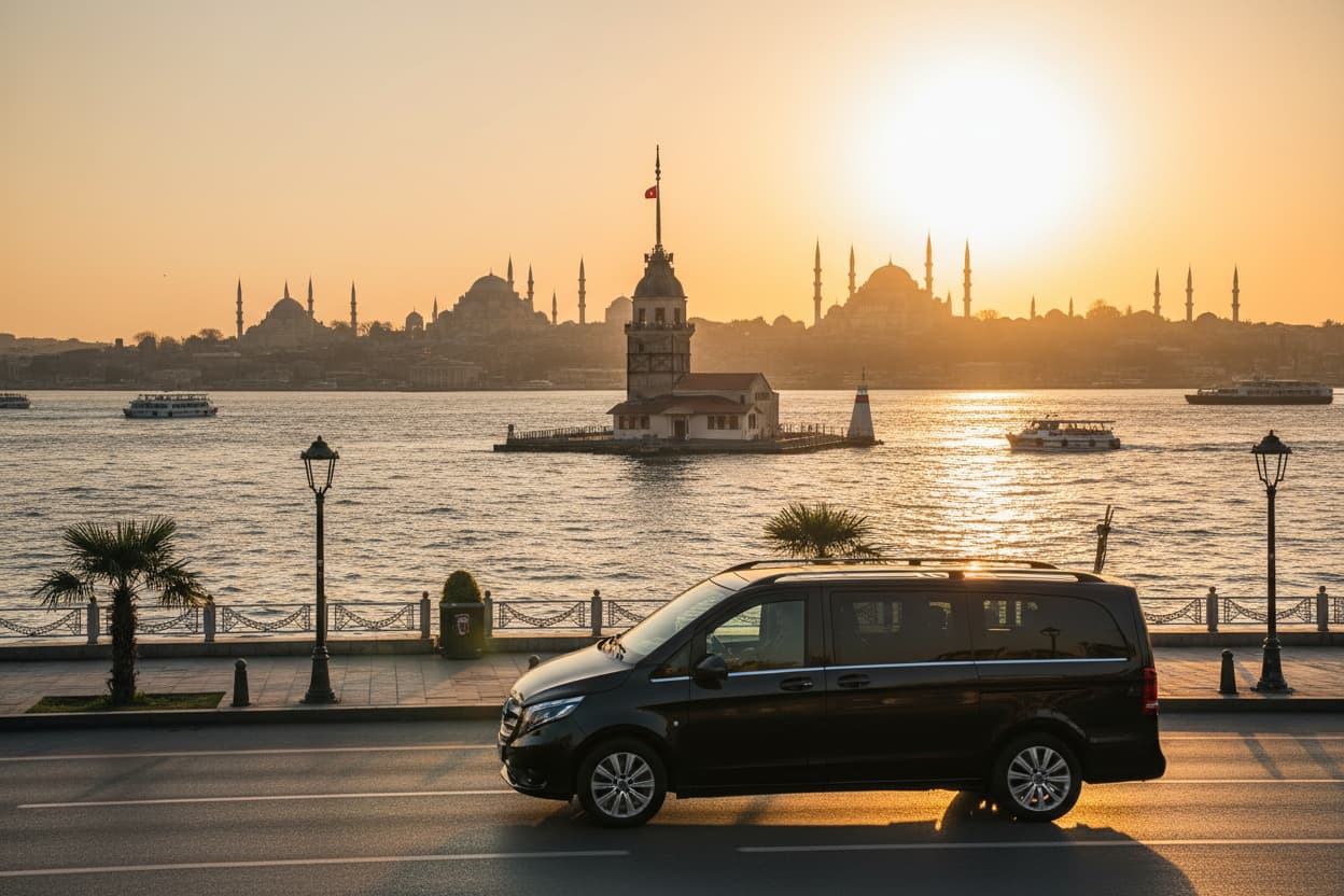 TTT Transfer – Trustable Turkish Transfer Mercedes Vito private transfer from Istanbul Asia Side Üsküdar to Istanbul Airport with Maiden's Tower and Bosphorus skyline