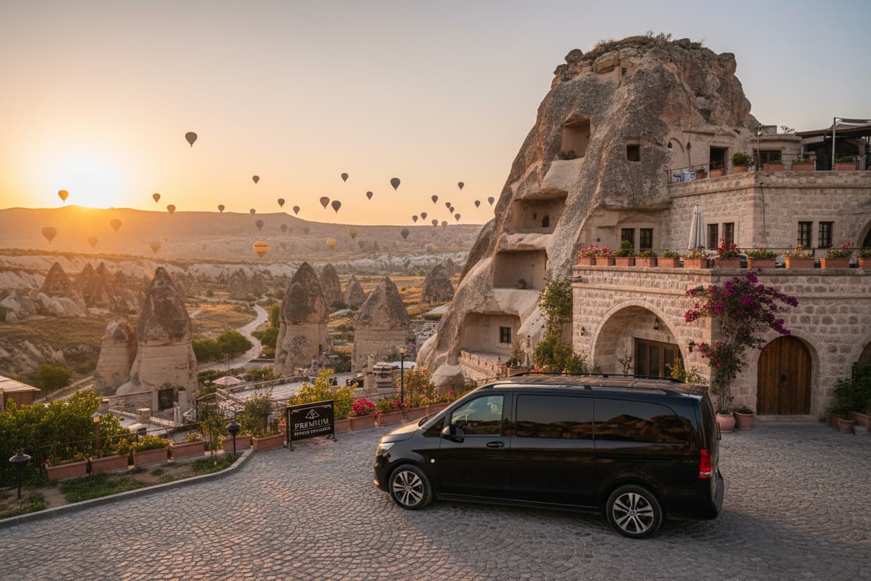 TTT Transfer – Trustable Turkish Transfer Mercedes Vito private transfer from Cappadocia Göreme cave hotel to Nevşehir Airport with fairy chimneys and hot air balloons