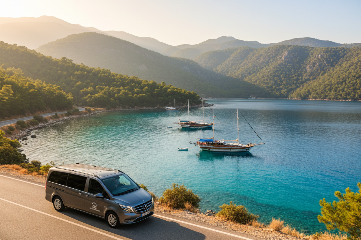 TTT Transfer – Trustable Turkish Transfer Mercedes Vito private transfer from Fethiye to Dalaman Airport along scenic bay with gulet boats and turquoise lagoon