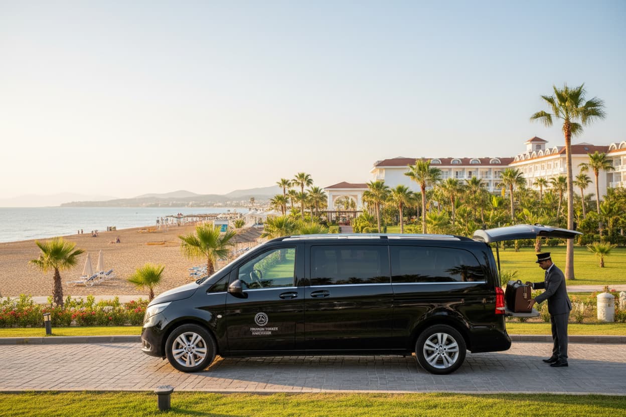 TTT Transfer – Trustable Turkish Transfer Mercedes Vito private transfer from Evrenseki beach resort to Antalya Airport with Mediterranean Sea