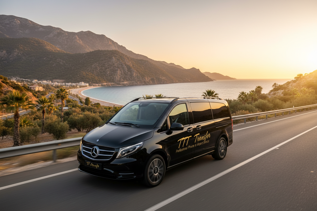 Best Airport Transfer Options in Turkey - TTT Transfer – Trustable Turkish Transfer Mercedes Vito private airport transfer on scenic Turkish highway with Mediterranean coastline
