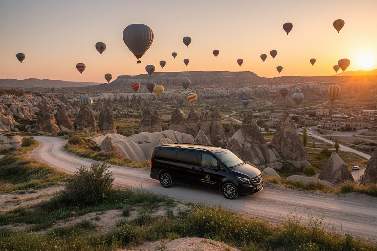 TTT Transfer – Trustable Turkish Transfer Mercedes Vito private transfer from Cappadocia to Kayseri Airport with fairy chimneys and hot air balloons at sunrise
