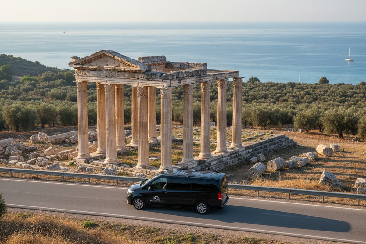 TTT Transfer – Trustable Turkish Transfer Mercedes Vito private transfer from Didim to Izmir Airport near ancient Temple of Apollo with marble columns and Aegean Sea
