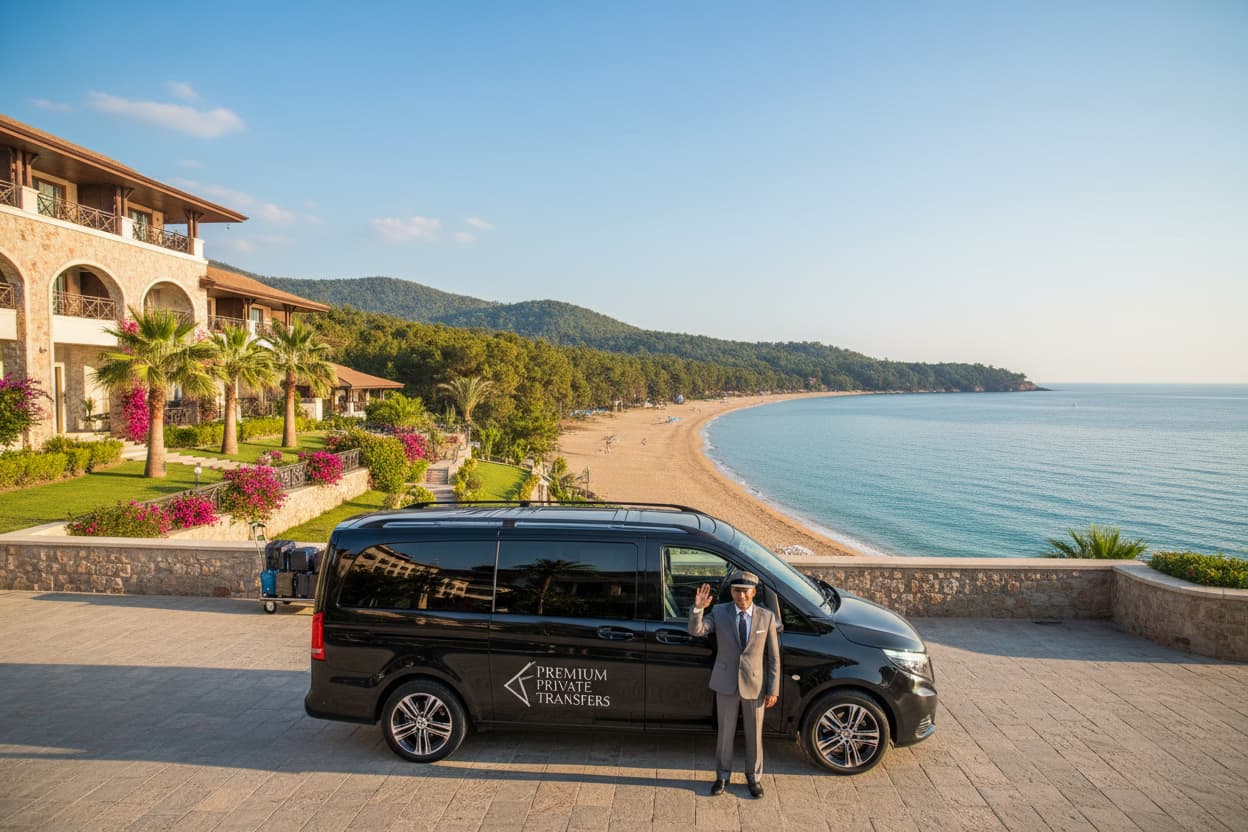TTT Transfer – Trustable Turkish Transfer Mercedes Vito private transfer from Kızılağaç beach resort to Antalya Airport with Mediterranean Sea and pine forest
