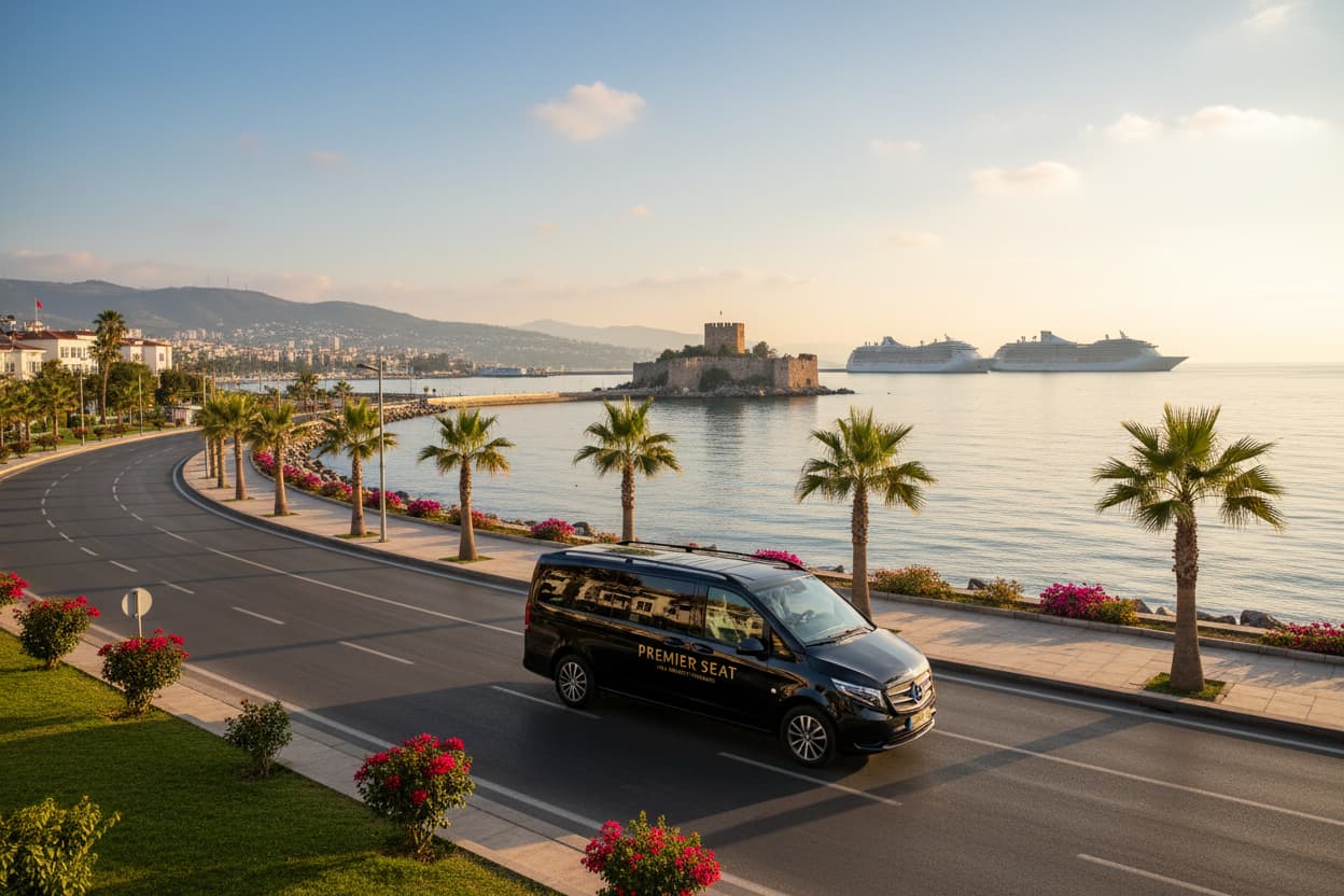 TTT Transfer – Trustable Turkish Transfer Mercedes Vito private transfer from Kuşadası to Izmir Airport along Aegean Sea waterfront with Pigeon Island castle and cruise ships
