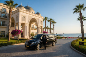 TTT Transfer – Trustable Turkish Transfer Mercedes Vito private transfer from Lara City Center to Antalya Airport with luxury beachfront hotel and Mediterranean Sea
