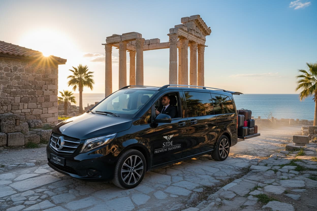 TTT Transfer – Trustable Turkish Transfer Mercedes Vito private transfer from Side to Antalya Airport with Temple of Apollo ruins and Mediterranean Sea
