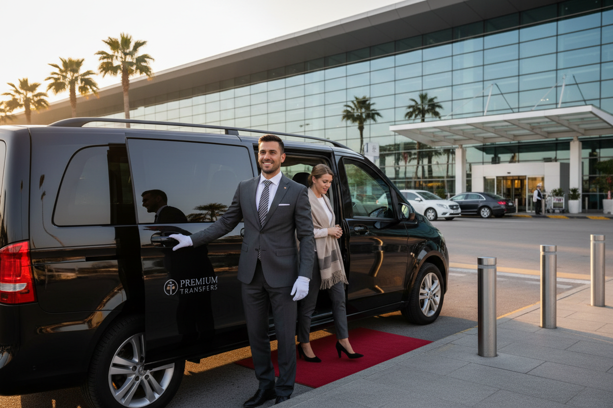 TTT Transfer – Trustable Turkish Transfer professional chauffeur assisting passenger out of luxury Mercedes Vito private transfer vehicle 
