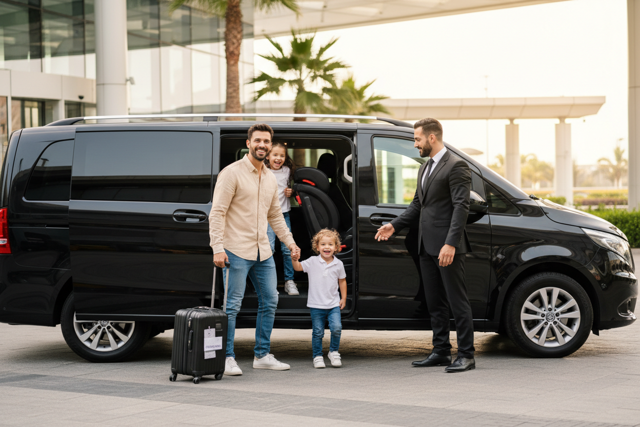 TTT Transfer – Trustable Turkish Transfer child-friendly private transfer service, happy family with children boarding luxury Mercedes Vito with professional chauffeur
